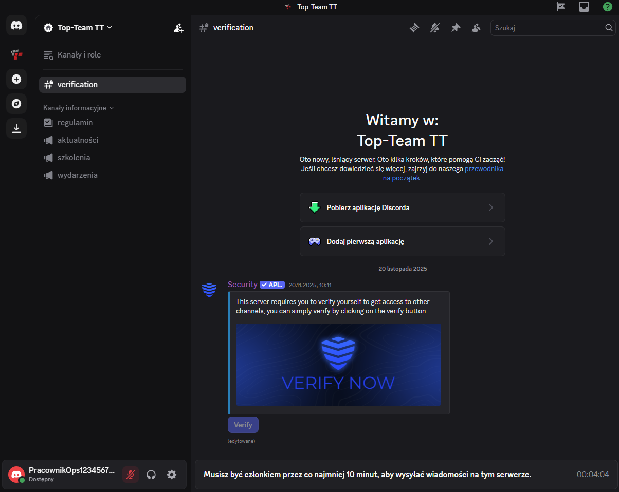 Antybot Discord - wejście na kanał verification