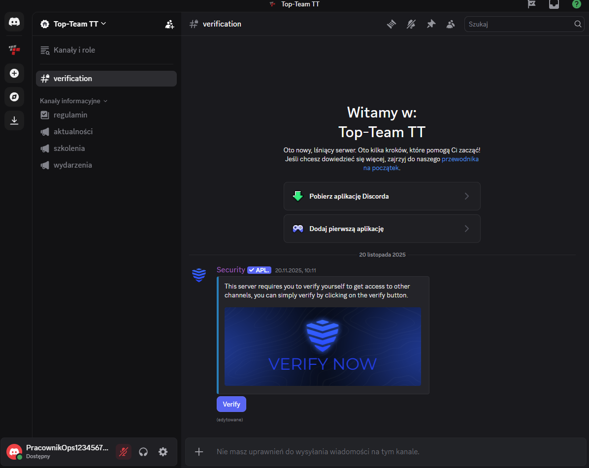 Antybot Discord - komunikat o konieczności odczekania przed weryfikacją
