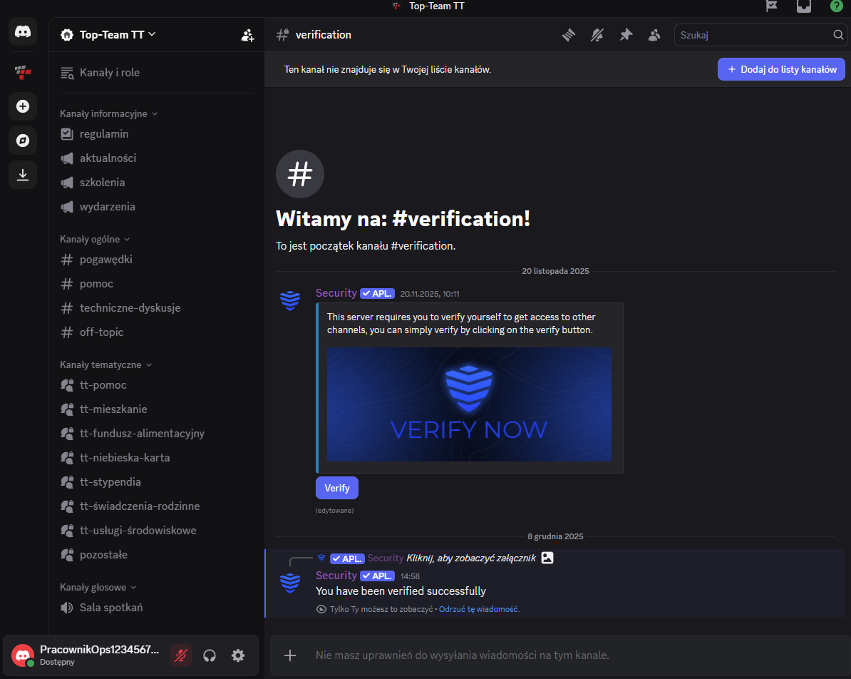 Antybot Discord - przycisk Verify uruchamiający weryfikację
