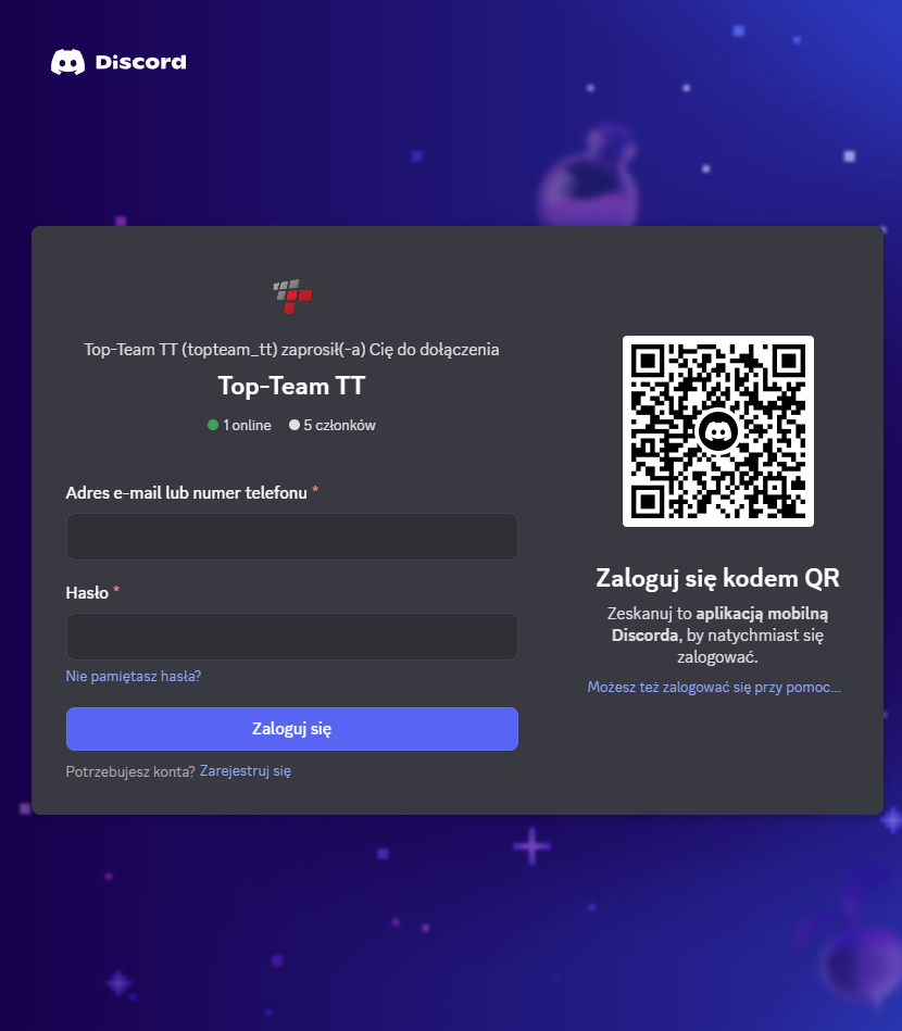 Rejestracja Discord - ekran logowania z przyciskiem Zarejestruj się