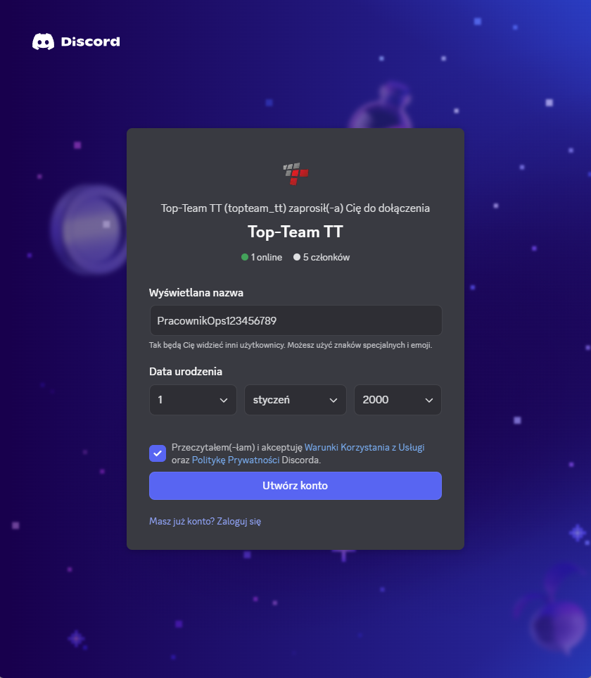 Rejestracja Discord - formularz rejestracji z danymi użytkownika
