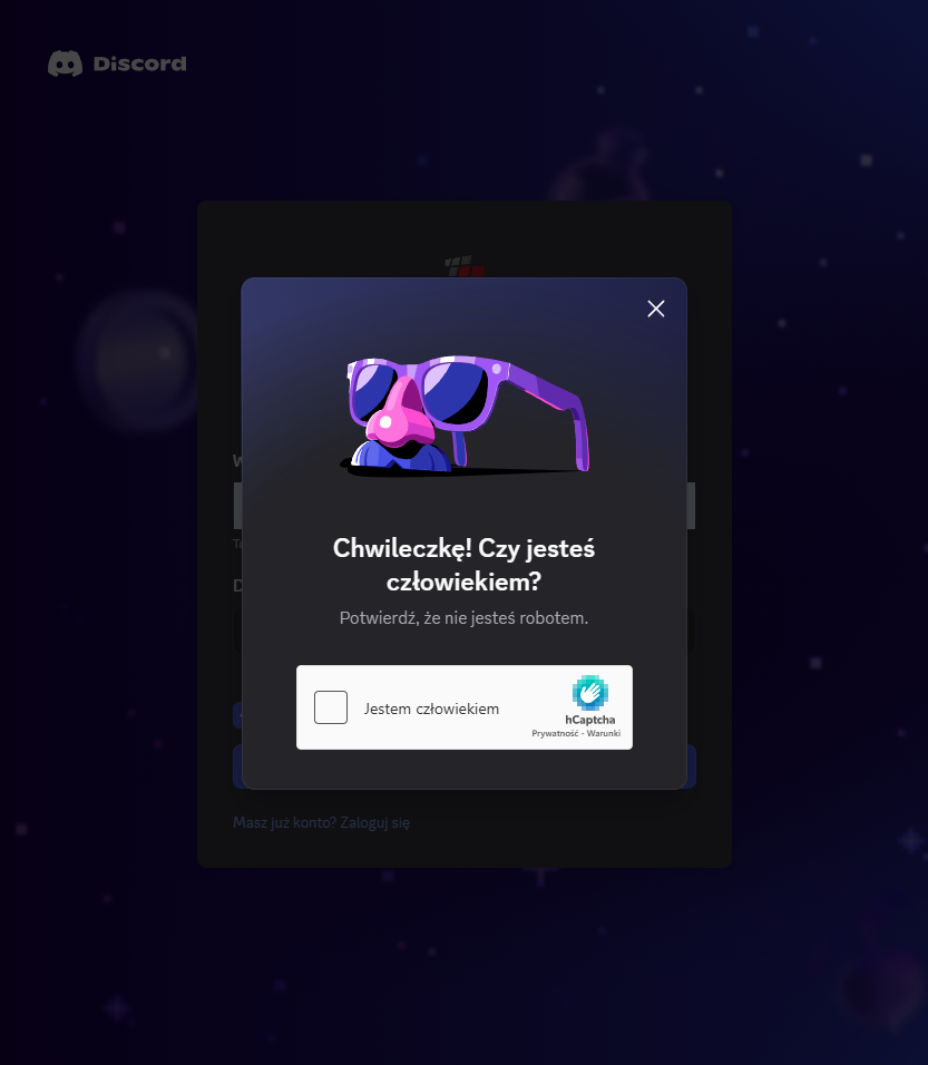 Rejestracja Discord - rozpoczęcie weryfikacji captcha