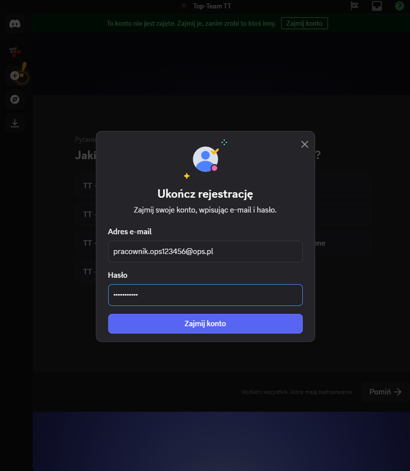Rejestracja Discord - informacja o wysłaniu wiadomości e-mail