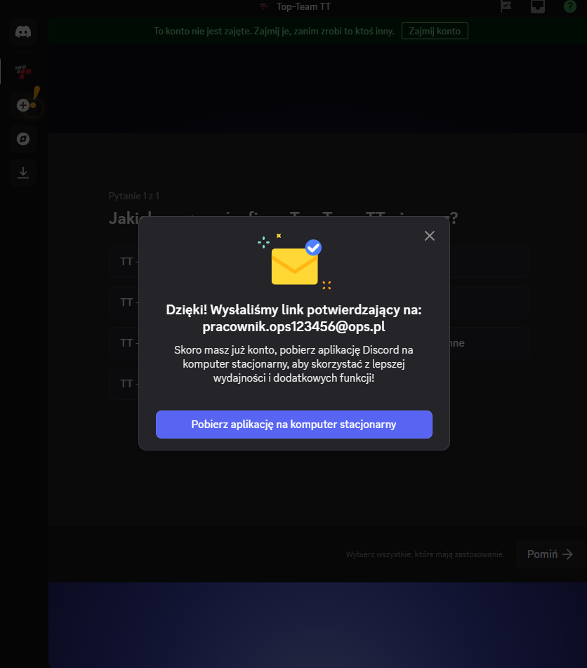 Rejestracja Discord - ekran z możliwością pozostania w przeglądarce lub pobrania aplikacji