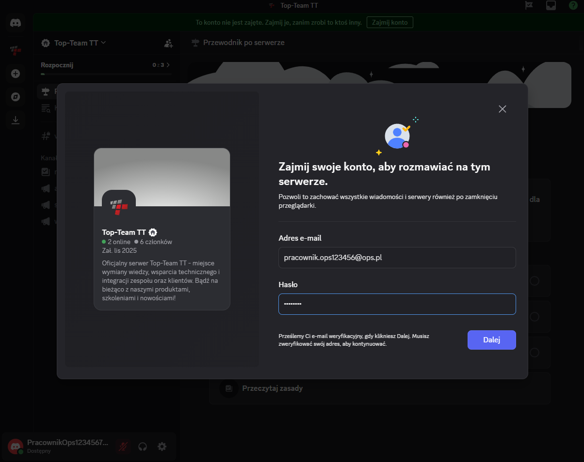 Rejestracja Discord - okno logowania po kliknięciu Zajmij konto