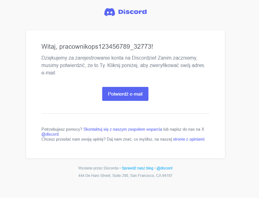 Rejestracja Discord - wiadomość e-mail z linkiem weryfikacyjnym