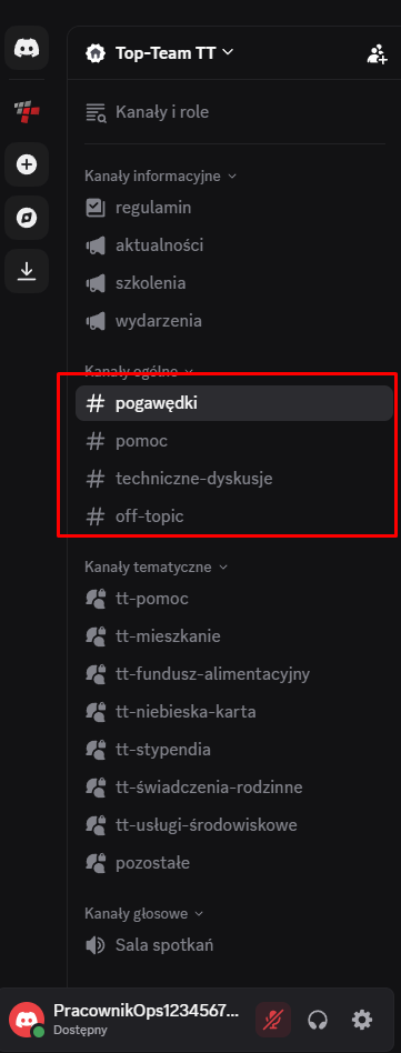 Poruszanie się po forum - przykładowy kanał tekstowy z rozmową