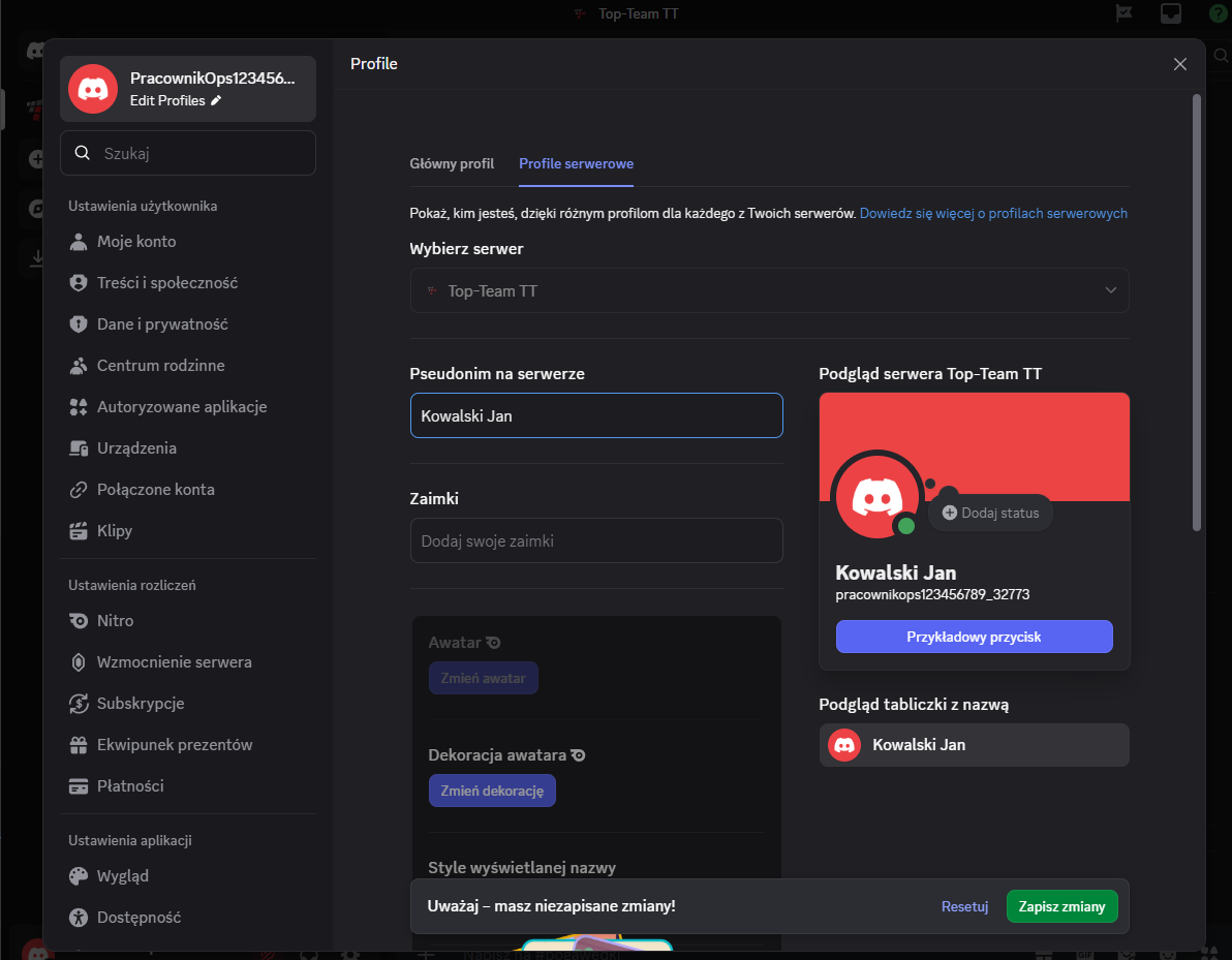 Zmiana nazwy Discord - wpisanie pseudonimu na serwerze